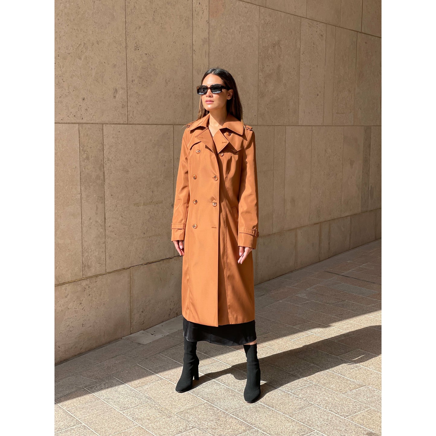 orange camel trench coat